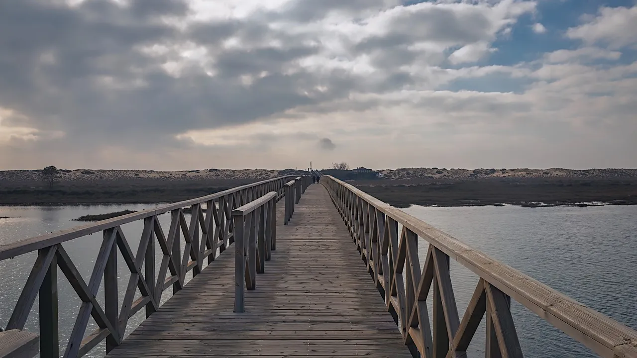 Passerelle en bois qui traverse un plan d’eau sous un ciel nuageux